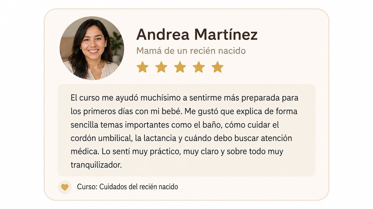 Review card from Andrea Martinez, a new mother, giving five stars for a newborn care course with Spanish testimonial text