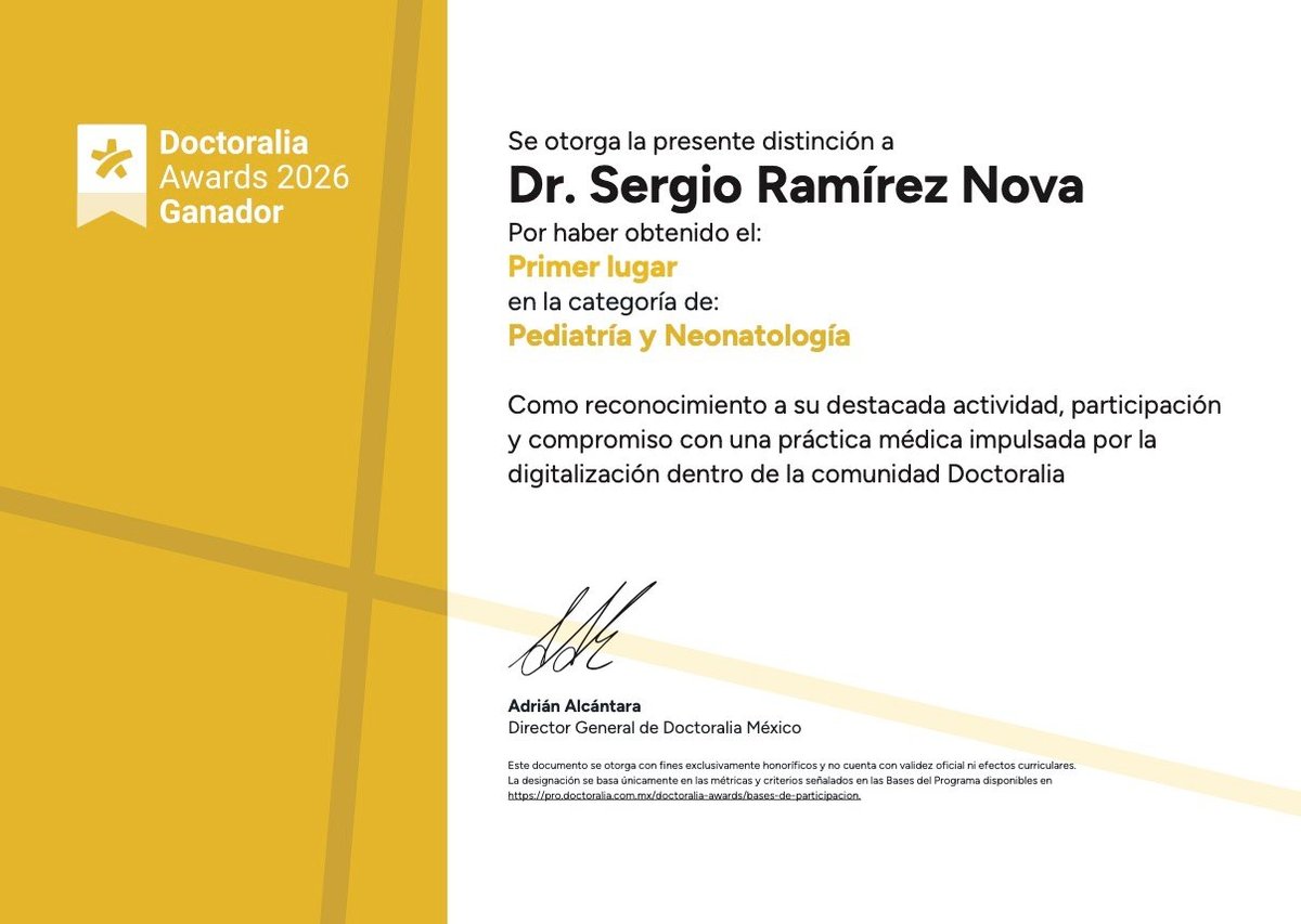 Diploma Doctoralia Awards 2026 otorgado al Dr. Sergio Ramírez Nova por primer lugar en Pediatría y Neonatología