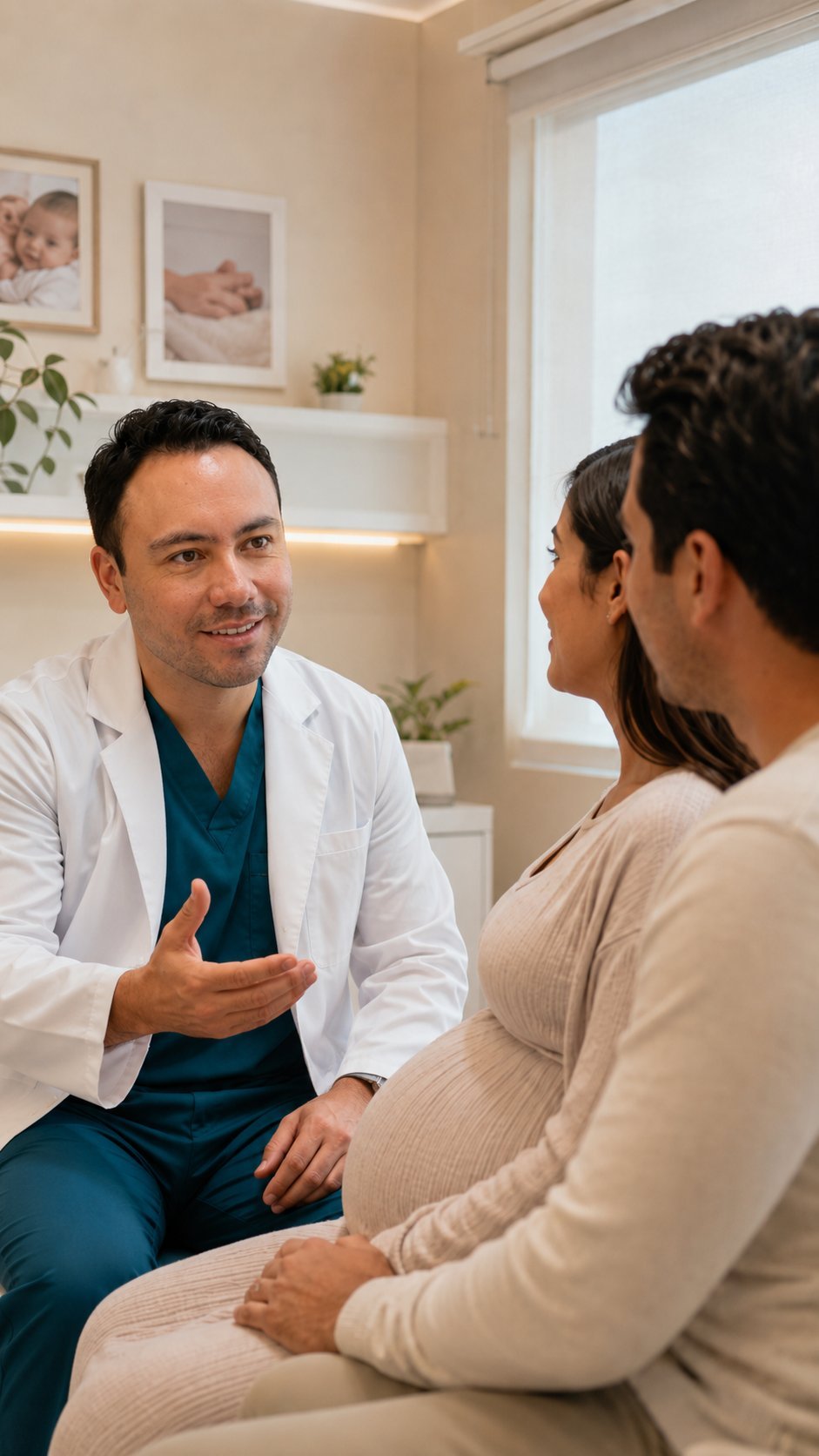 Male doctor in white coat and blue scrubs consulting with a pregnant couple in a bright medical office.
